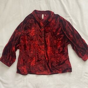 Red Crushed Velvet Anthropologie Button Up Blouse